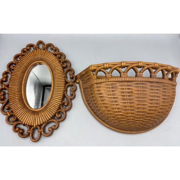 Vtg Homco Faux Wicker Wall Basket Oval Mirror Brown Boho Décor - Picture 1 of 8
